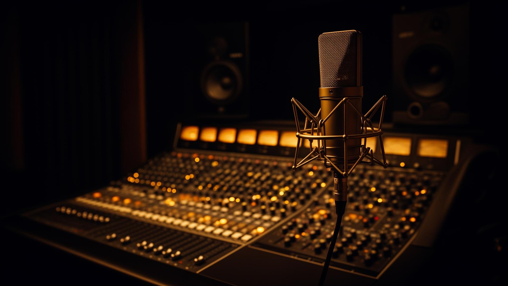 Premium recording studio with mixing console and condenser microphone
