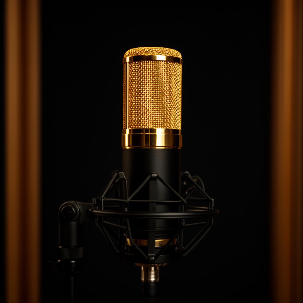 Gold condenser microphone in a vocal booth